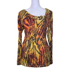 Chaus Y2K Tiger Print Cowl Neck Yellow Top Large Glam 2000s Festival Femme Funky